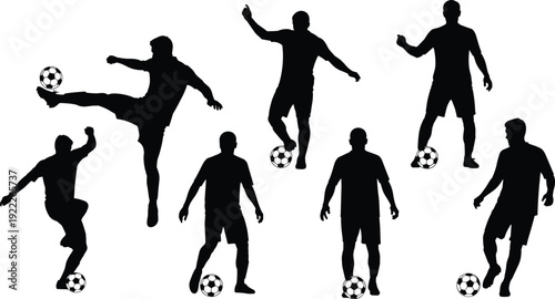 Soccer player action silhouettes set, football athletes kicking dribbling juggling ball vector illustration isolated 