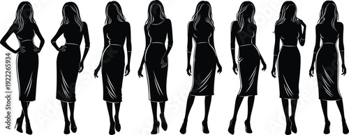 Elegant woman silhouette collection, female models walking in fitted dress high heels vector illustration isolated on white