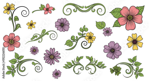 Vibrant floral elements and decorative swirls in a digital illustration featuring flowers and foliage.