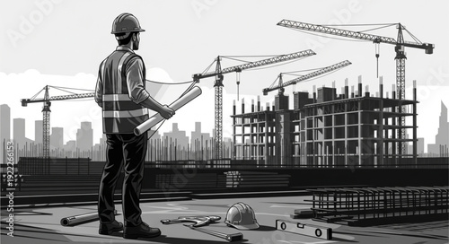 Construction worker reviewing blueprints at a building site, overseeing progress.