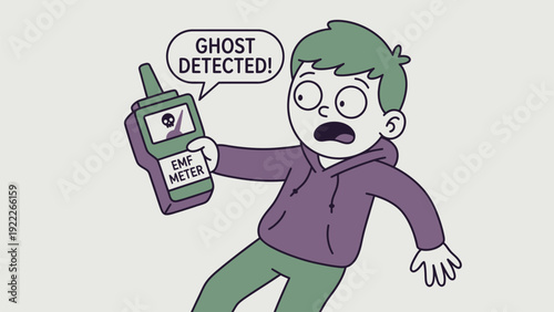 Shocked Cartoon Character Detects Ghost with EMF Meter - Paranormal Activity Illustration