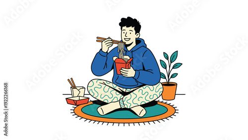Relaxed person enjoying takeout noodles with chopsticks at home, casual flat illustration.