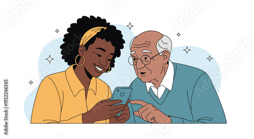 Kind young woman helping an elderly man to use a smartphone representing social support and technology for seniors.