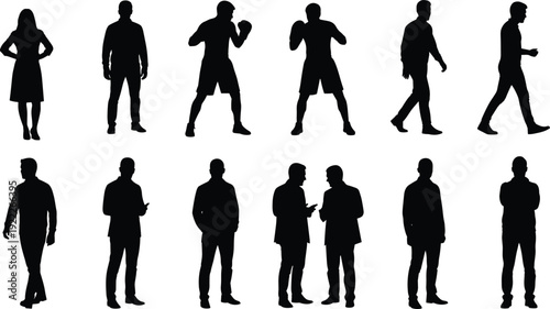 Vector Silhouette Collection of Business People Walking Standing Talking and Professional Boxers Training Isolated on White Background for Diverse Design Layouts