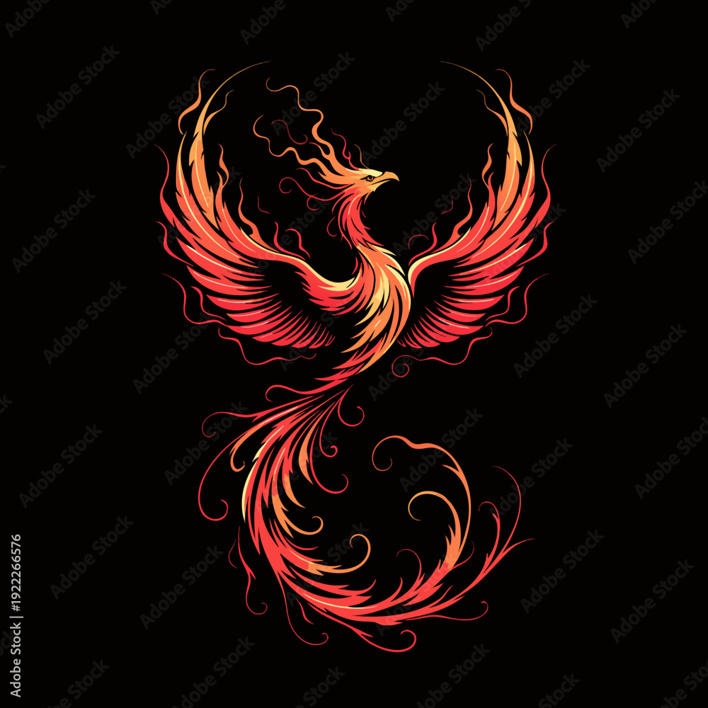 Fototapeta premium Fiery Phoenix Risen from Ashes with Majestic Wings Extended