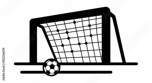 Soccer goal with a ball in front, ready for a game, black and white illustration.