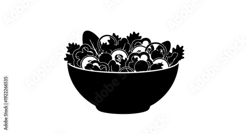A monochrome illustration of a fresh salad bowl filled with vegetables. The dish is presented in a modern, minimalistic design.