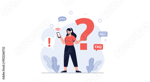 Customer support representative with a headset standing near a giant question mark and icons representing help and FAQ service.