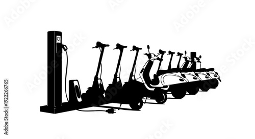 Electric scooters lined up for charging, showcasing a commitment to sustainable transport