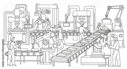 Industrial factory assembly line with robotic arms and workers.
