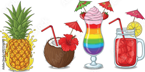 Vibrant Tropical Summer Cocktails Set Featuring Pineapple Splash Coconut Drink Rainbow Mocktail and Red Fruit Juice in Mason Jar Vector