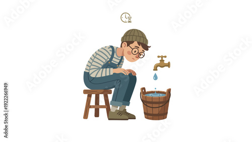 Man patiently waiting for water to fill a bucket from a slow dripping tap, symbolizing water scarcity and conservation efforts.