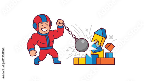 Strong cartoon character with wrecking ball demolishing colorful building blocks, symbolizing destruction or overcoming obstacles.