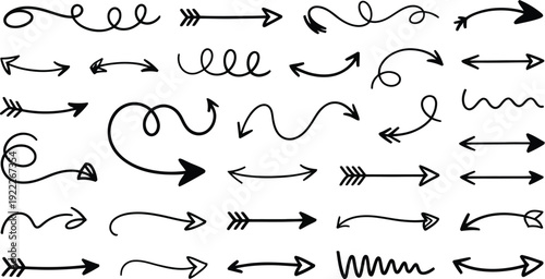 Huge set of black hand drawn doodle arrows including curved swish spiral and double sided pointers isolated on white background.
