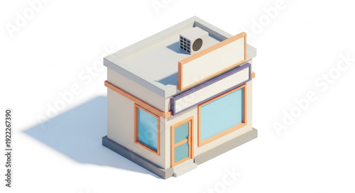 Isometric illustration of a small commercial building with a simple design and a sign.