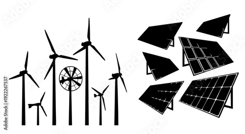 Harnessing the power of the wind and sun for a sustainable future. Silhouette of wind turbines and solar panels illustrate the green energy transition
