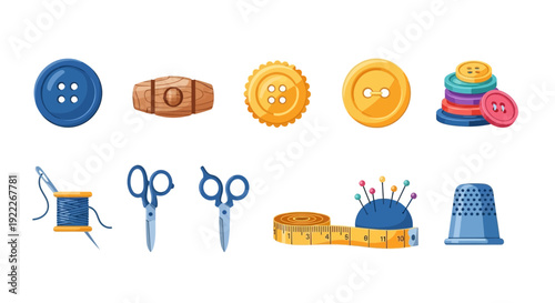 Assortment of sewing notions including buttons scissors thread pins measuring tape and thimble