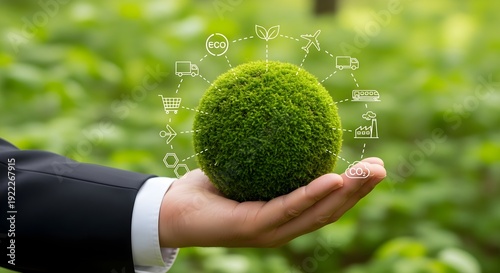 Hand holding green moss ball symbolizing sustainability and environment protection