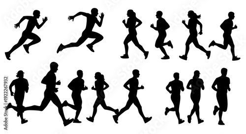 A dynamic collection of running silhouettes, highlighting various stages of motion and speed