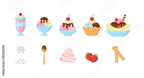Collection of five assorted ice cream desserts and five toppingside elements