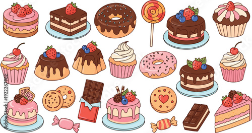 Cute dessert collection with cakes donuts cupcakes and candies, sweet bakery treats set, colorful pastry illustration, flat vector illustration
