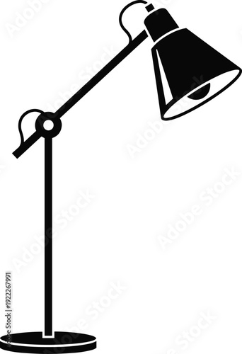 Adjustable desk lamp silhouette in black and white, modern office lighting fixture illustration isolated on white background