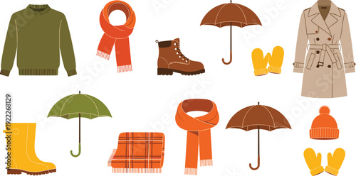 Autumn winter clothing set, cozy fashion accessories, umbrella boots scarf coat, seasonal outfit collection, flat vector illustration, isolated on white