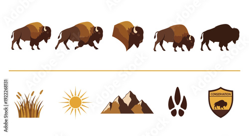 Five bison illustrations and five natureconservation icons separated by a line