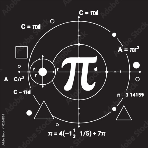Circular Mathematics Vector Diagram: Pi Symbol with Concentric Circles, Formulas, and Coordinate Geometry