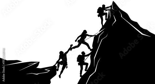 Silhouette of a group of people climbing a mountain, symbolizing teamwork and overcoming challenges. They are assisting each other towards the summit