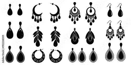 Black earring silhouette set, ornate boho jewelry flat vector illustration for fashion accessories and craft design projects isolated on white
