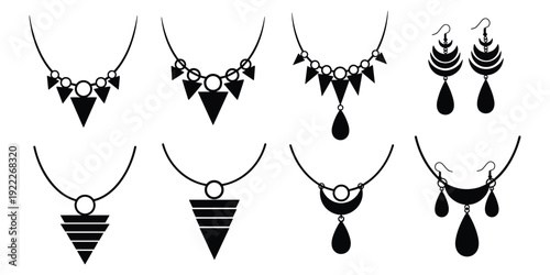 Black geometric necklace and earring silhouette set, modern tribal jewelry flat vector illustration for fashion branding and accessory design