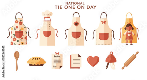 Flat illustration of five aprons and kitchen tools for National Tie One On Day