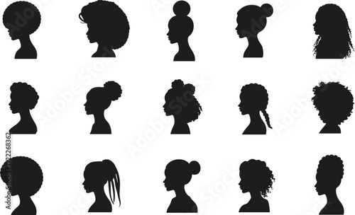 Black women profile silhouettes vector set, female head side view hairstyles collection for beauty, fashion and design projects