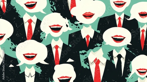 Abstract Illustration of Business Faces with Speech Bubbles and Smiles