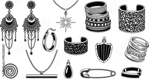 Boho jewelry silhouette collection with earrings necklaces rings and bracelets, decorative fashion accessories flat vector illustration for branding and craft design