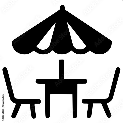 Monochrome vector art of cozy café seating under a striped canopy umbrella, lantern lights hanging from edges, table with steaming coffee mug and small plant, symmetrical composition, black solid shap