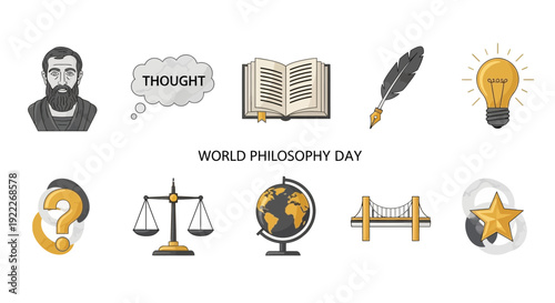 Illustration depicting philosophical concepts with icons for World Philosophy Day