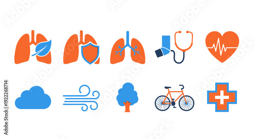 Row of ten orange and blue icons related to lungs health and clean environment
