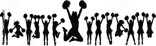 Flat vector illustration of cheerleader silhouettes, dynamic poses with pom-poms, energetic team celebration design, athletic performance spirit for sports events