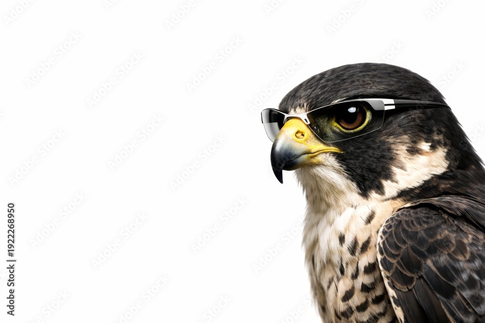 Obraz premium Minimalist portrait of a sharp-eyed falcon wearing modern sunglasses against a bright white backdrop, conveying precision, focus, and high-end contemporary branding potential.