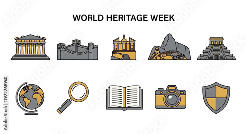 Konstfotografi World Heritage Week icons including ancient structures globe magnifying glass bo