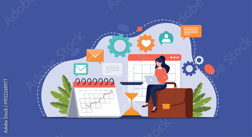 Businesswoman sitting on a large briefcase with a laptop managing her schedule with a calendar and hourglass.