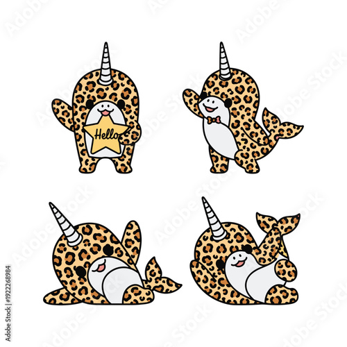 Cute cartoon narwhals in leopard print costumes doing different poses with copy space