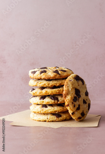 American cookies with chocolate chunks and salt. Baked. Vegetarian food.