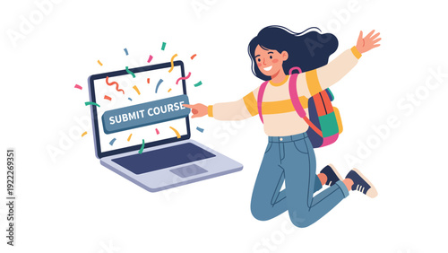 Student celebrating successful online course submission with laptop and confetti