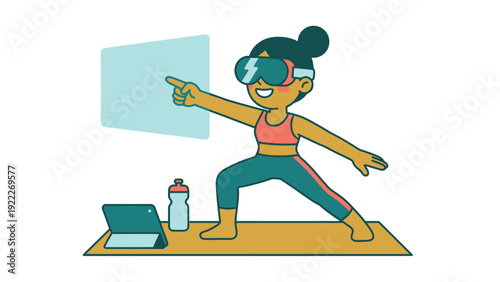 Woman doing VR yoga with headset, interacting with virtual screen. Fitness technology, digital wellness.