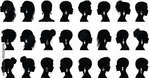 Flat vector illustration of diverse women silhouette profiles with unique hairstyles and earrings, fashion diversity, beauty accessories, stylish portrait collection