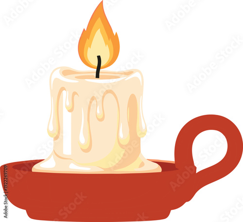 Flat vector illustration of burning candle in red holder with dripping wax, warm flame, cozy atmosphere, vintage decorative light source