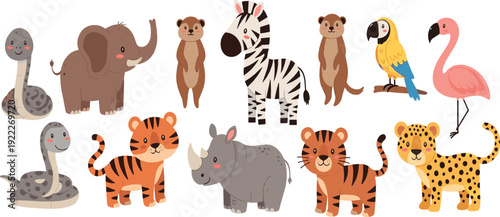 Cute safari animals cartoon set with elephant zebra tiger leopard flamingo and snake playful vector illustration for kids nursery and wildlife designs